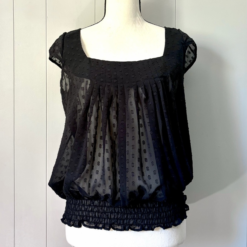 Black Sheer Top Cap Sleeves Dot Pattern Dressy Whimsigoth Medium